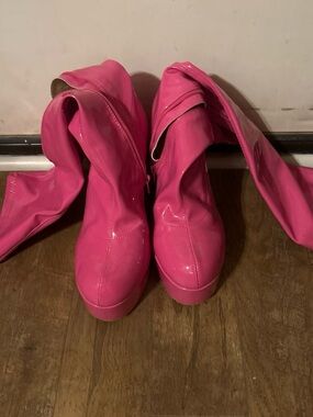 Hot Pink Patent Platform Knee-High Boots